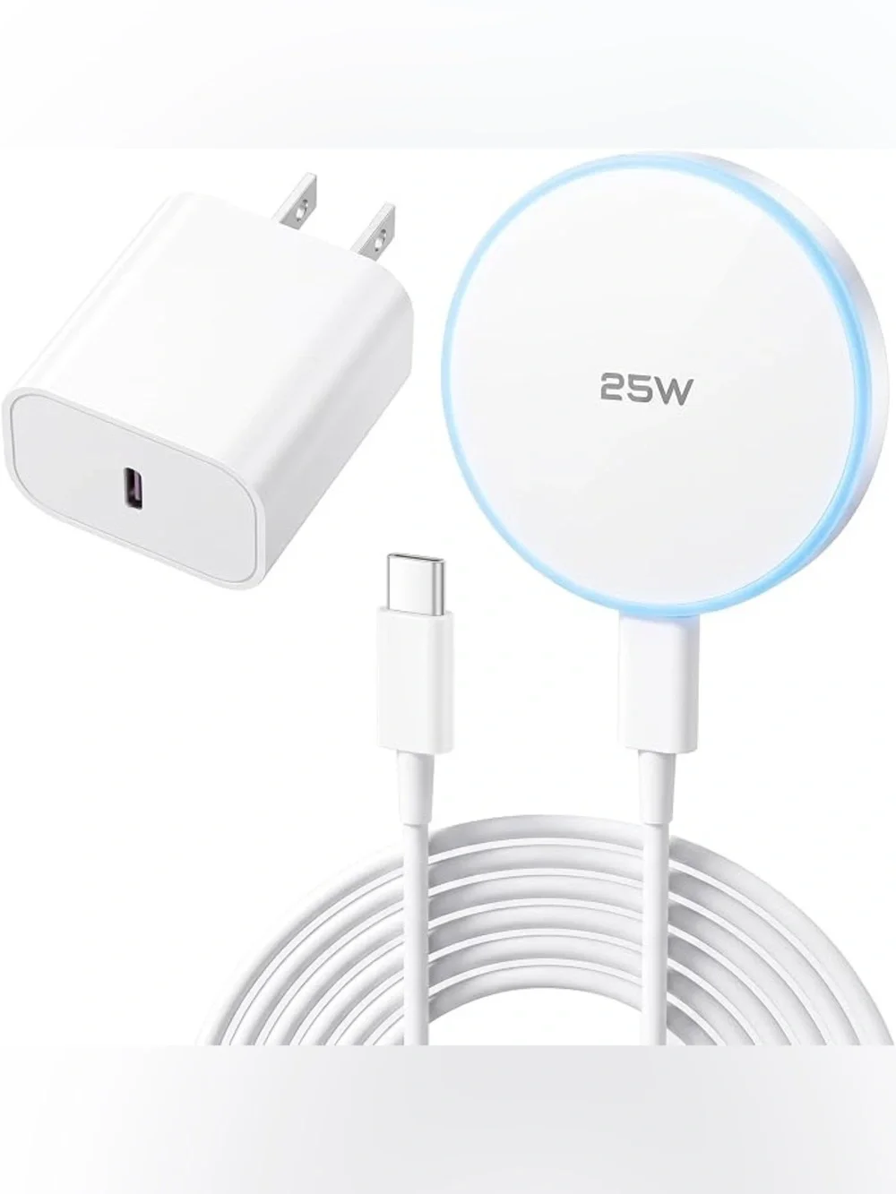 25W White Wireless Magnetic Charger with USB-C Fast Charging Adapter
